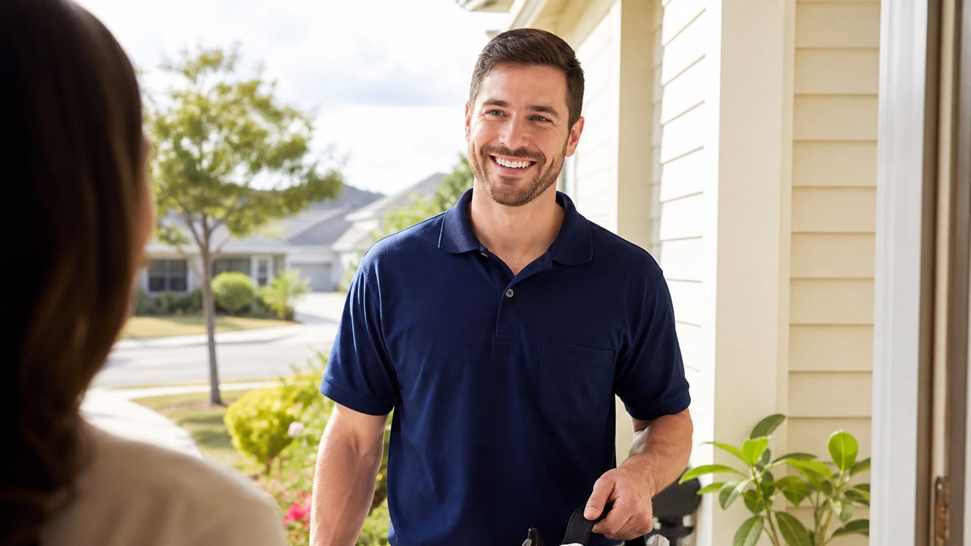 Plumber arriving at a residential call