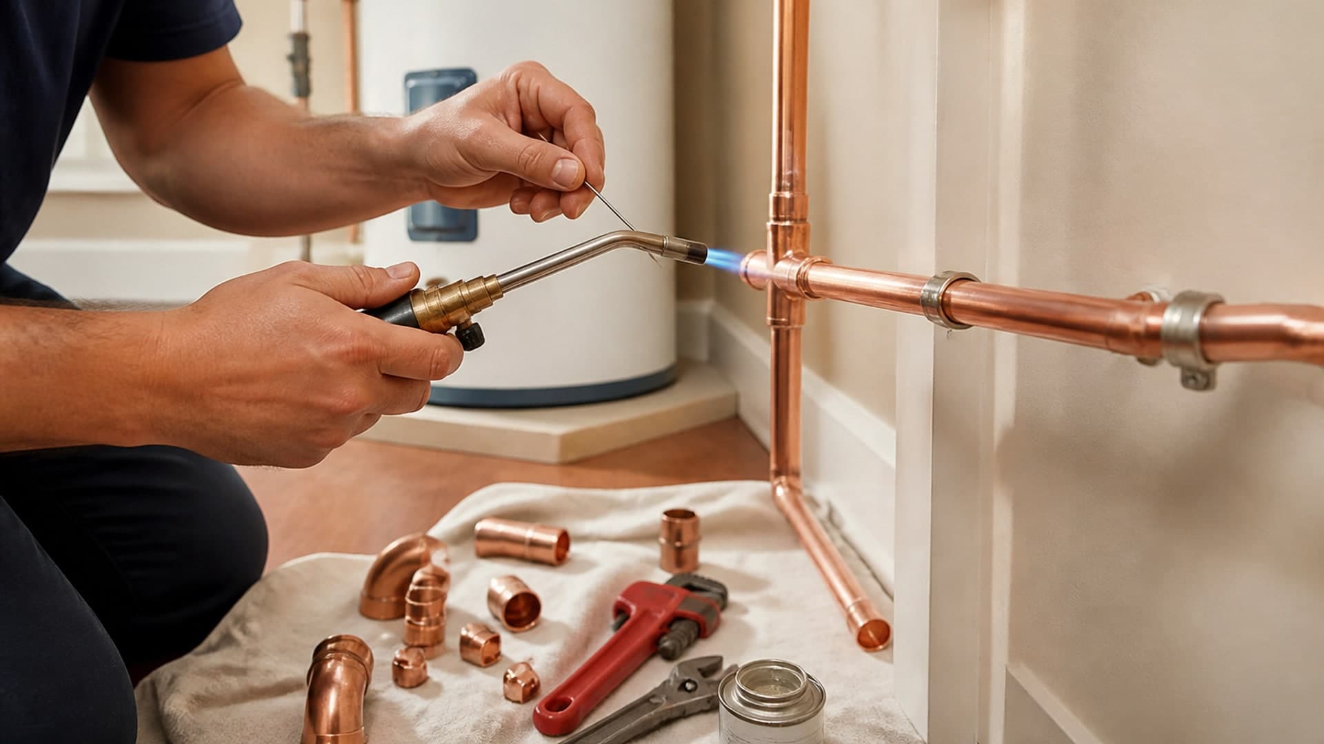 Soldering a copper supply line after the leak is contained
